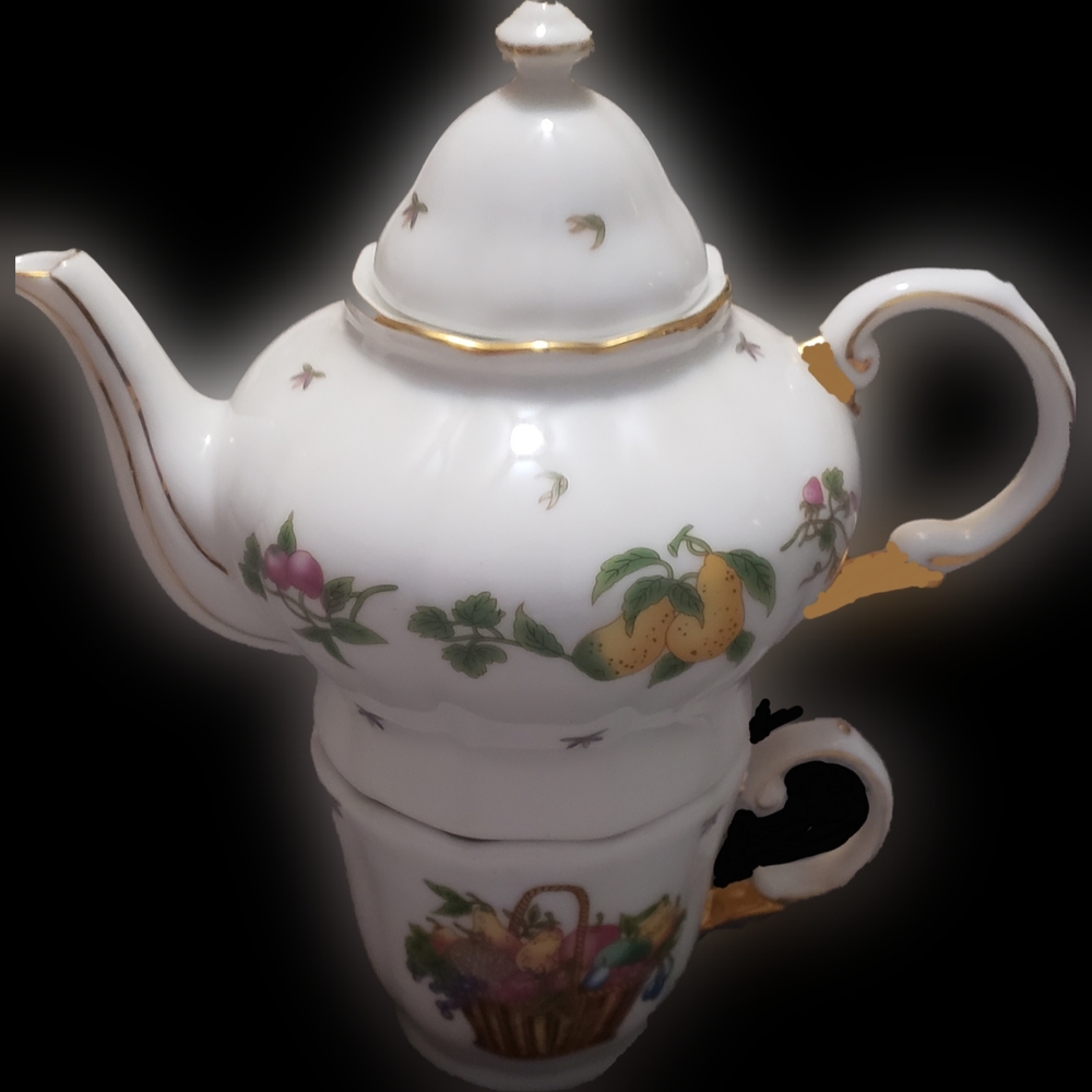 Beautiful stackable 3 piece porcelain fruit basket teacup & teapot with lid.